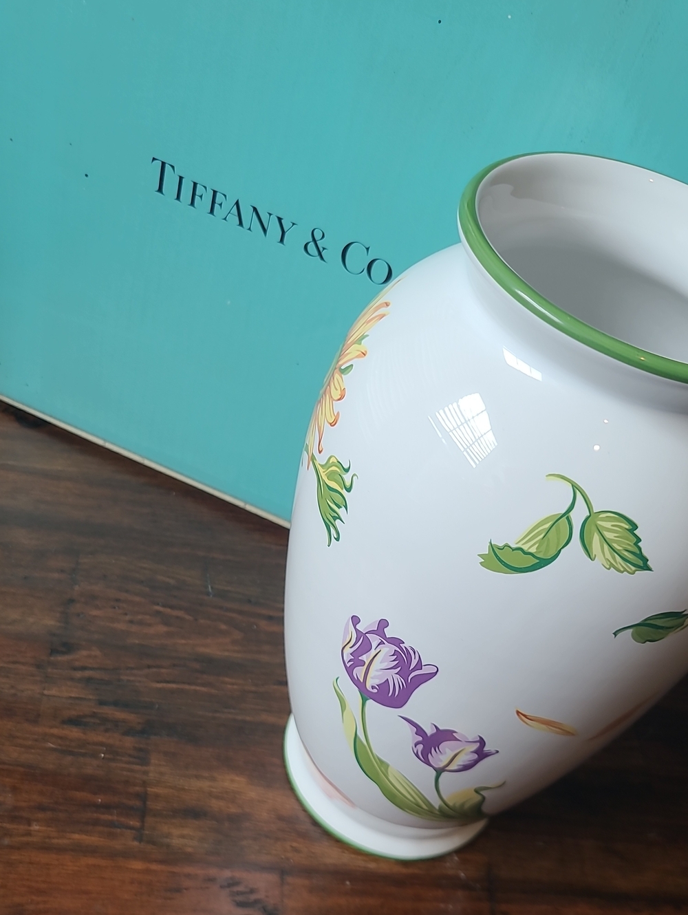 Tiffany & Co. White Porcelain Vase with Purple Floral Accents
